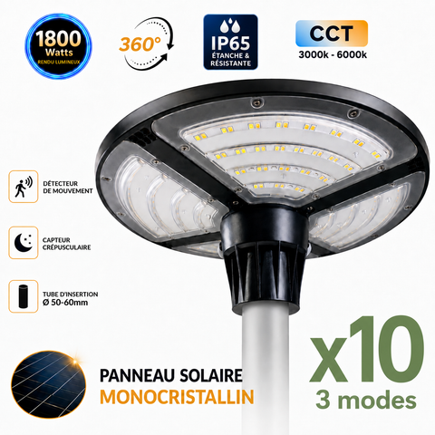 Pack de 10x Lampes solaires pour extérieur - Série OVNI FUTUR V3 - MODULAIRE & CCT - 1800 Watts - 4800 Lumens - IP65 - Angle 360° - 40 x 14 cm - Panneau MONOCRISTALLIN - Diamètre tube d'insertion 50-60mm - Avec Détecteur de mouvement - Avec Télécommande