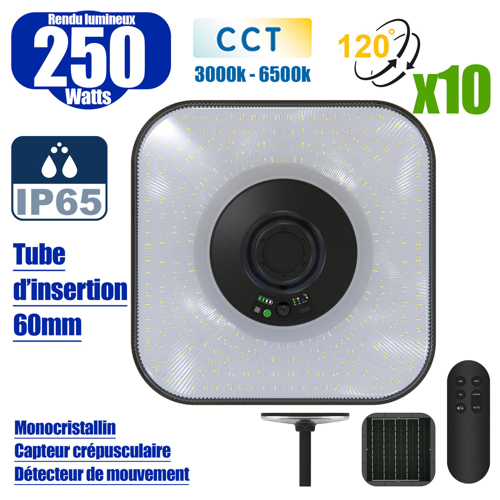 Pack 10x Lampes solaires - Série OVNI SUN FLOWER V2 250 - CCT (3000k+6500k) - Rendu Lumineux 250 Watts - 1500 Lumens - Angle 120° - IP65 - 44 x 44 x 10 cm - Panneau MONOCRISTALLIN - Détecteur de mouvement - Télécommande - Capteur crépusculaire