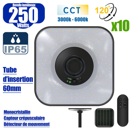 Pack 10x Lampes solaires - Série OVNI SUN FLOWER V2 250 - CCT (3000k / 4000k / 6000k) - Rendu Lumineux 250 Watts - 1500 Lumens - Angle 120° - IP65 - 44 x 44 x 10 cm - Panneau MONOCRISTALLIN - Détecteur de mouvement - Télécommande - Capteur crépusculaire