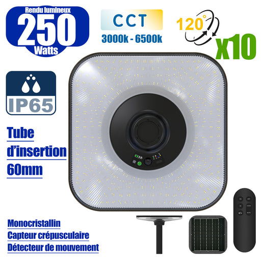 Pack 10x Lampes solaires - Série OVNI SUN FLOWER V2 250 - CCT (3000k+6500k) - Rendu Lumineux 250 Watts - 1500 Lumens - Angle 120° - IP65 - 44 x 44 x 10 cm - Panneau MONOCRISTALLIN - Détecteur de mouvement - Télécommande - Capteur crépusculaire
