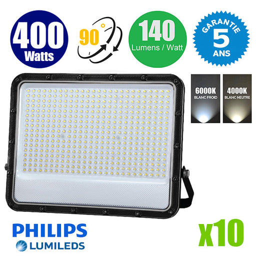 Pack de 10x Projecteurs LED filaires - Série PERLE V3 - 400 Watts - 56 000 Lumens - 140 Lumens/watt - Angle 90° - IP65 - 54 x 46 x 6 cm - Puce LED LUMILEDS - Câble 1 mètre - 6000k / 4000k au choix -  Garantie 5 ans