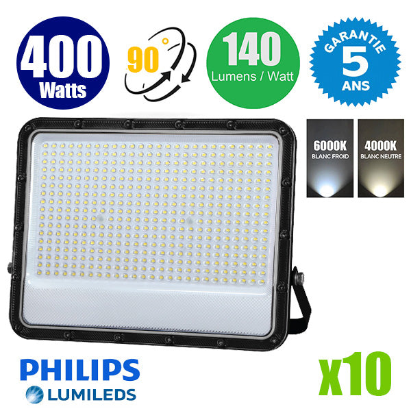 Pack de 10x Projecteurs LED filaires - Série PERLE V3 - 400 Watts - 56 000 Lumens - 140 Lumens/watt - Angle 90° - IP65 - 54 x 46 x 6 cm - Puce LED LUMILEDS - Câble 1 mètre - 6000k / 4000k au choix -  Garantie 5 ans