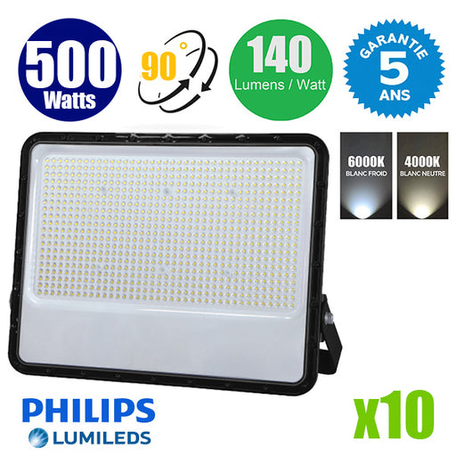 Pack de 10x Projecteurs LED filaires - Série PERLE V3 - 500 Watts - 70 000 Lumens - 140 Lumens/watt - Angle 90° - IP65 - 54 x 46 x 6 cm - Puce LED LUMILEDS - Câble 1 mètre - 6000k / 4000k au choix -  Garantie 5 ans