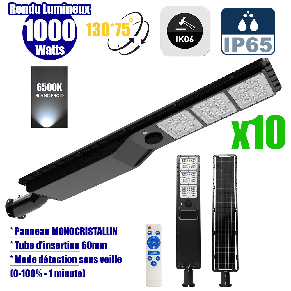 Pack de 10x Lampes de rue solaires - Série POWER EVO V2 - 1000 Watts - 3000 Lumens - IP65 - Angle 130x75° - 106 x 20 x 9 cm - Panneau MONOCRISTALLIN - Structure en ALUMINIUM - Mode détection sans veille (0-100% - 1 minute) - Télécommande - 6500k