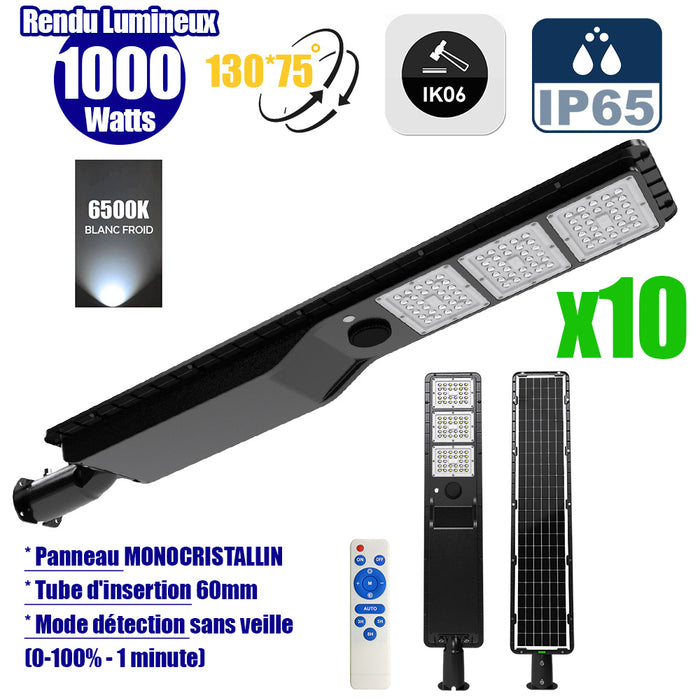 Pack de 10x Lampes de rue solaires - Série POWER EVO V2 - 1000 Watts - 3000 Lumens - IP65 - Angle 130x75° - 106 x 20 x 9 cm - Panneau MONOCRISTALLIN - Structure en ALUMINIUM - Mode détection sans veille (0-100% - 1 minute) - Télécommande - 6500k