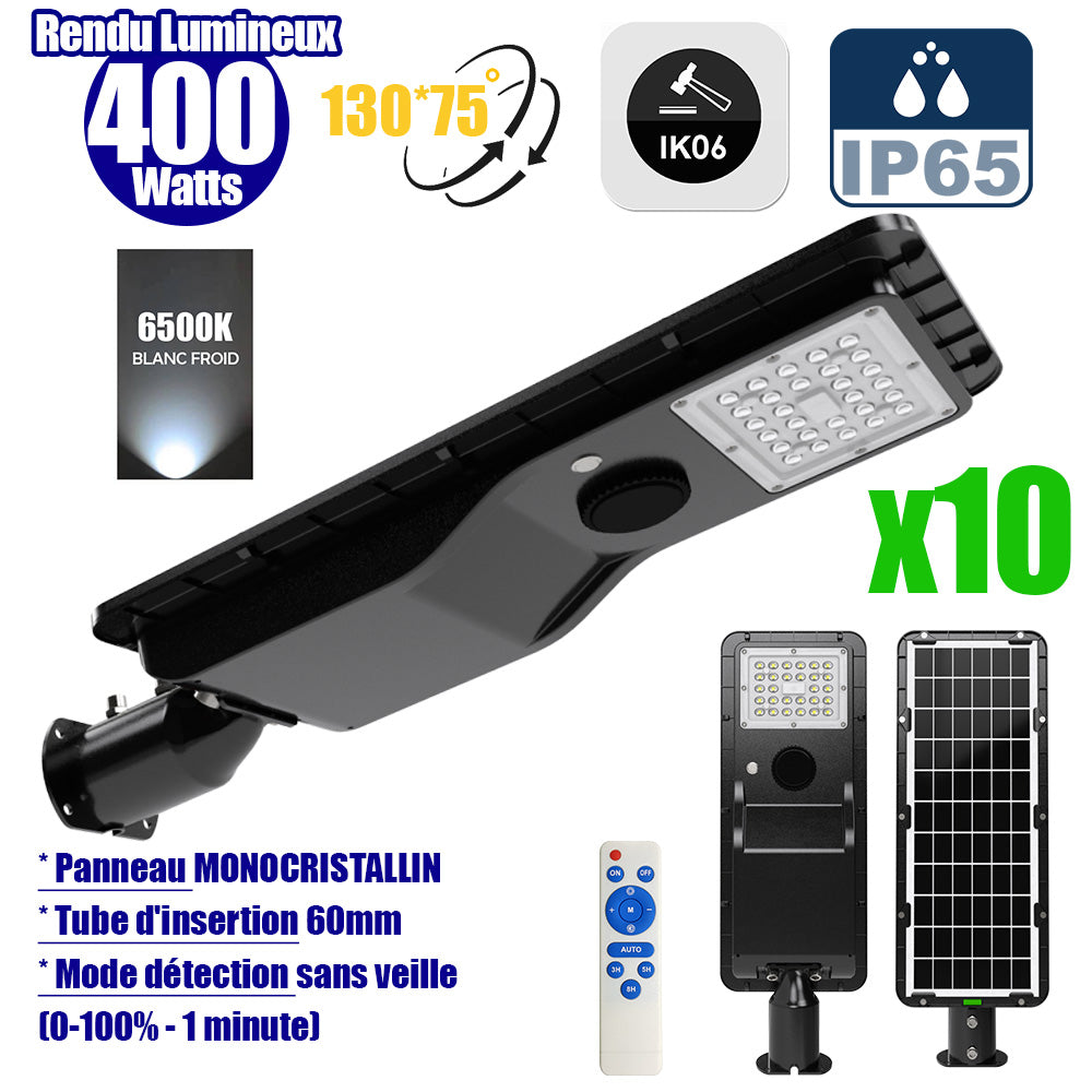 Pack de 10x Lampes de rue solaires - Série POWER EVO V2 - 400 Watts - 1800 Lumens - IP65 - Angle 130x75° - 57 x 20 x 9 cm - Panneau MONOCRISTALLIN - Structure en ALUMINIUM - Mode détection sans veille (0-100% - 1 minute) - Télécommande - 6500K