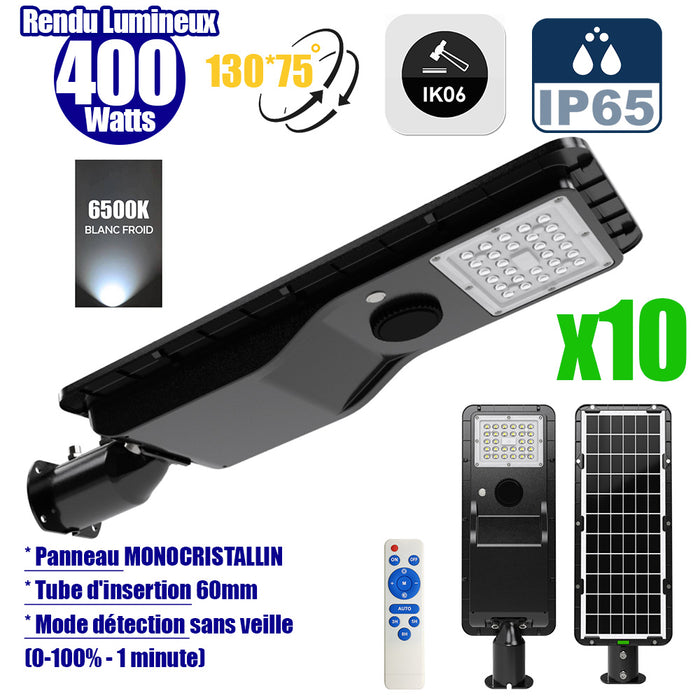 Pack de 10x Lampes de rue solaires - Série POWER EVO V2 - 400 Watts - 1800 Lumens - IP65 - Angle 130x75° - 57 x 20 x 9 cm - Panneau MONOCRISTALLIN - Structure en ALUMINIUM - Mode détection sans veille (0-100% - 1 minute) - Télécommande - 6500K