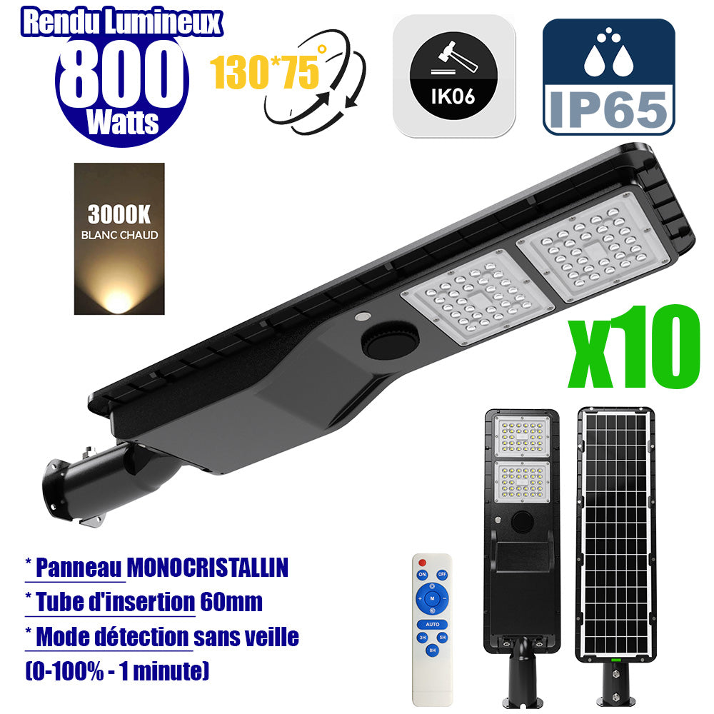 Pack de 10x Lampes de rue solaires - Série POWER EVO V2 - 800 Watts - 2200 Lumens - IP65 - Angle 130x75° - 75 x 20 x 9 cm - Panneau MONOCRISTALLIN - Structure en ALUMINIUM - Mode détection sans veille (0-100% - 1 minute) - Télécommande - 3000K