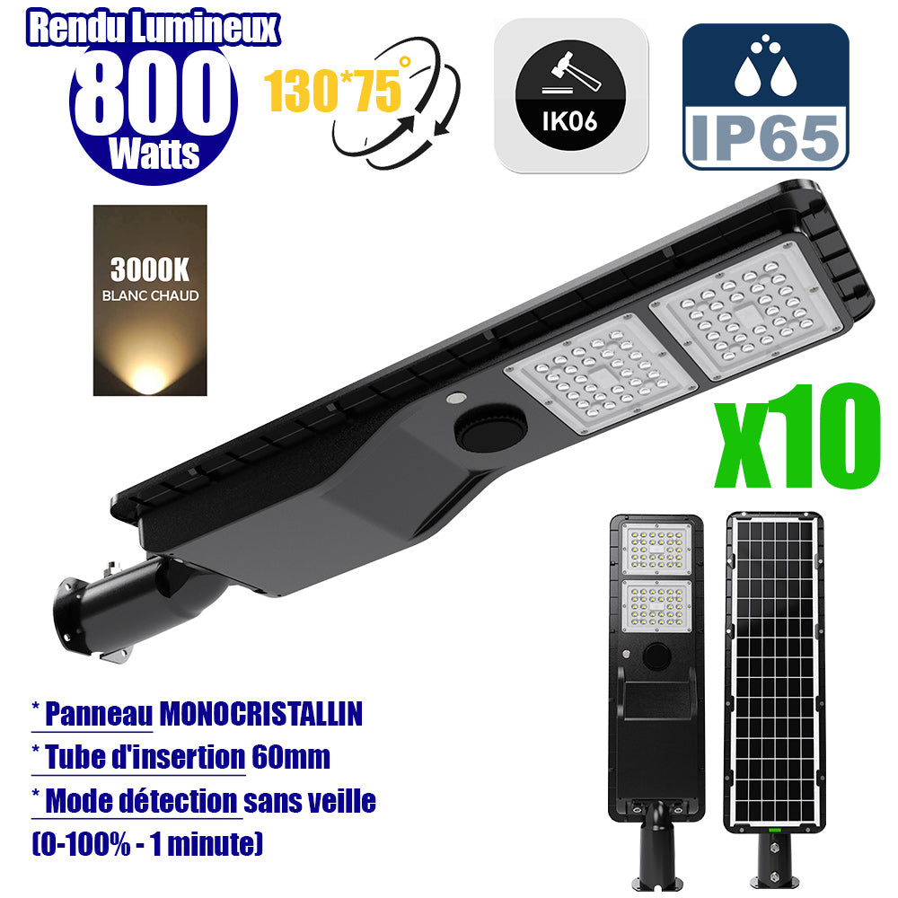 Pack de 10x Lampes de rue solaires - Série POWER EVO V2 - 800 Watts - 2200 Lumens - IP65 - Angle 130x75° - 75 x 20 x 9 cm - Panneau MONOCRISTALLIN - Structure en ALUMINIUM - Mode détection sans veille (0-100% - 1 minute) - Télécommande - 3000K