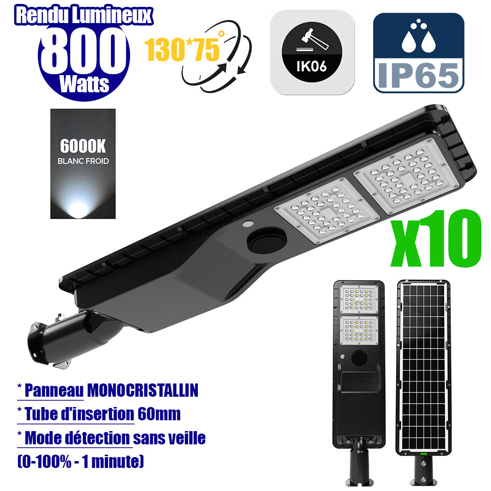 Pack de 10x Lampes de rue solaires - Série POWER EVO V2 - 800 Watts - 2200 Lumens - IP65 - Angle 130x75° - 75 x 20 x 9 cm - Panneau MONOCRISTALLIN - Structure en ALUMINIUM - Capteur de présence PIR - Mode détection sans veille (0-100% - 1 minute) - 6000K