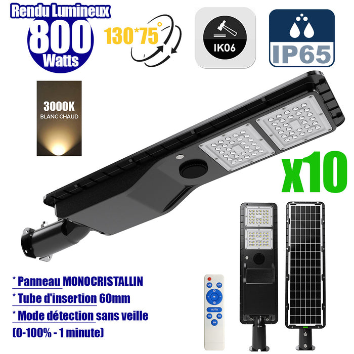 Pack de 10x Lampes de rue solaires - Série POWER EVO V2 - 800 Watts - 2200 Lumens - IP65 - Angle 130x75° - 75 x 20 x 9 cm - Panneau MONOCRISTALLIN - Structure en ALUMINIUM - Mode détection sans veille (0-100% - 1 minute) - Télécommande - 3000K