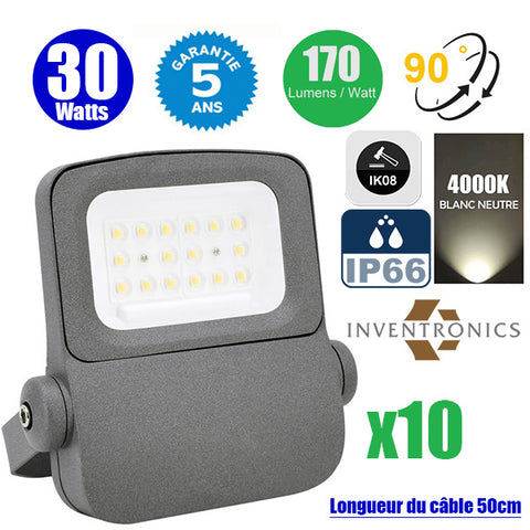 Pack de 10x Projecteurs LED filaires - Série ELITE V2 - 30 Watts - 5100 Lumens - 170 Lumens/Watt - Angle 90° - IP66 - IK08 - 27 x 23 x 5 cm - 4000K - Couleur GRIS - Transformateur INVENTRONICS - Garantie 5 ans