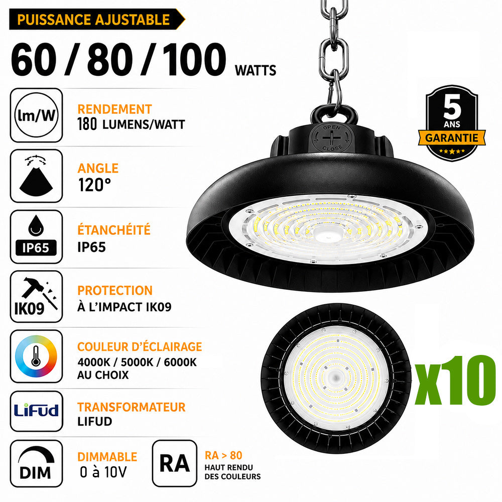 Pack de 10x Lampes industrielles UFO - Série RUBIS V2 - Puissance ajustable 60 / 80 / 100 Watts - 18 000 Lumens - 180 Lumens/Watt - Angle 120° - IP65 - IK09 - 255 x 110 mm - Dimmable 0-10V - Transformateur LIFUD - Garantie 5 ans