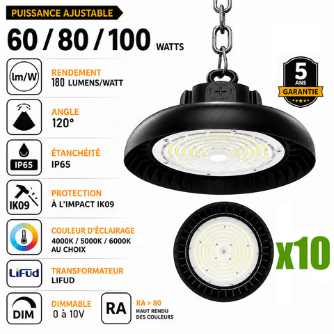 Pack de 10x Lampes industrielles UFO - Série RUBIS V2 - Puissance ajustable 60 / 80 / 100 Watts - 18 000 Lumens - 180 Lumens/Watt - Angle 120° - IP65 - IK09 - 255 x 110 mm - Dimmable 0-10V - Transformateur LIFUD - Garantie 5 ans