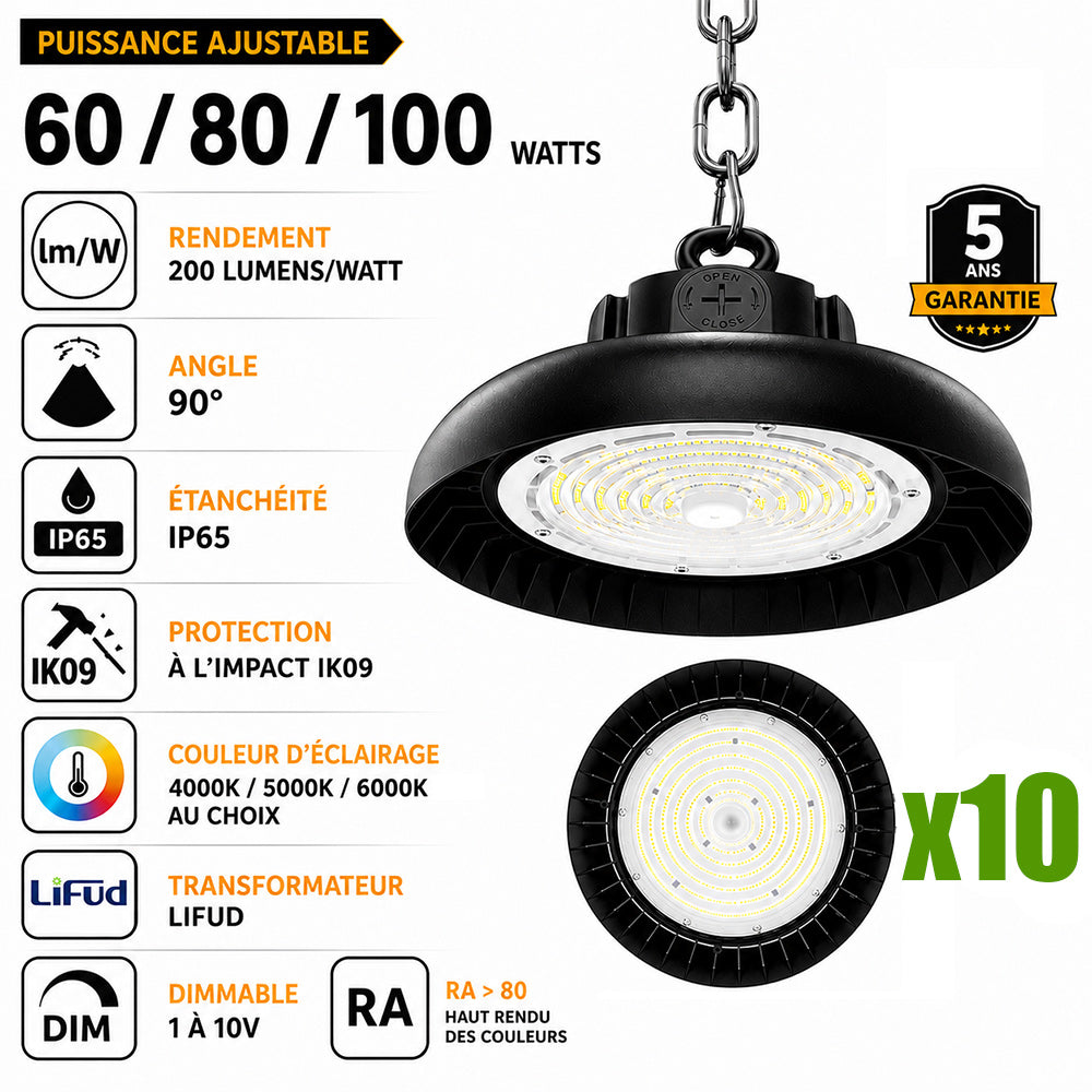 Pack de 10x Lampes industrielles UFO - Série SWITCH V2 - Puissance ajustable 60 / 80 / 100 Watts - 20 000 Lumens - 200 Lumens/Watt - Angle 90° - IP65 - IK09 - 255 x 110 mm - Dimmable 1-10V - Transformateur LIFUD - Garantie 5 ans