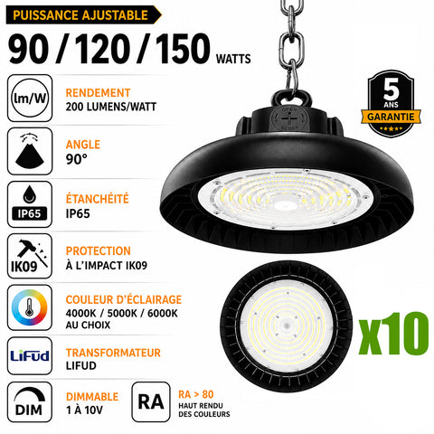 Pack de 10x Lampes industrielles UFO - Série SWITCH V2 - Puissance ajustable 90/120/150 Watts - 30 000 Lumens - 200 Lumens/Watt - Angle 90° - IP65 - IK09 - 300 x 110 mm - Dimmable 1-10V - Transformateur LIFUD - Garantie 5 ans