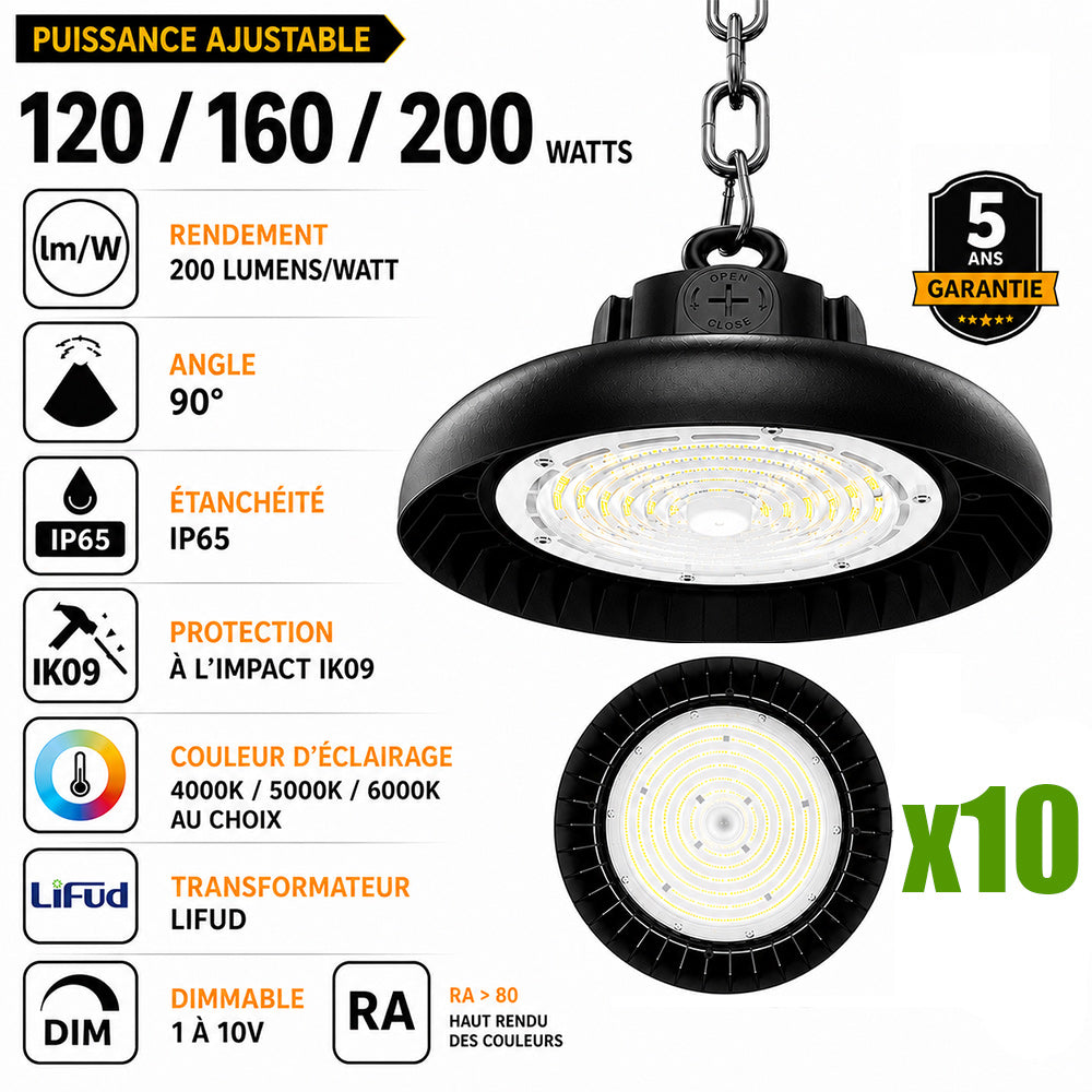 Pack de 10x Lampes industrielles UFO - Série SWITCH V2 - Puissance ajustable 120 / 160 / 200 Watts  - 40 000 Lumens - 200 Lumens/Watt - Angle 90° - IP65 - IK09 - 340 x 110 mm - Dimmable 1-10V - Transformateur LIFUD - Garantie 5 ans