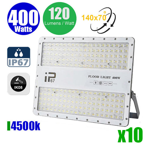 Pack de 10x Projecteurs LED filaires - Série ELITE - 400 Watts - 48 000 Lumens - 120 Lumens / Watt -  Angle 140x70° - IP67 - Protection à l'impact IK08 - 42 x 32 x 4 cm - Couleur 4500k