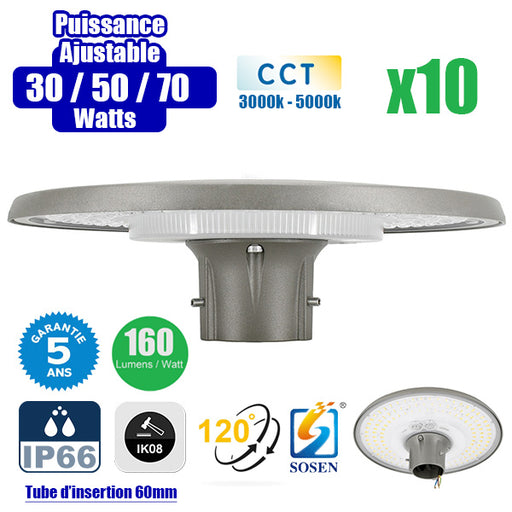 Pack de 10x Lampes de jardin et parking filaires - Série GARDIENNA - CCT (Couleur Changeante en Température) - Puissance Ajustable 30 / 50 / 70 Watts - Jusqu'à 10 800 Lumens - IP66 - Angle 120° - Tube d'insertion 60mm - Couleur GRIS - Garantie 5 ans