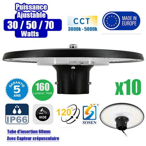 Pack de 10x Lampes de jardin et parking filaires - Série GARDIENNA - CCT - Puissance Ajustable 30 / 50 / 70 Watts - Jusqu'à 10 800 Lumens - IP66 - IK08 - Angle 120° - Tube d'insertion 60mm - Avec CAPTEUR CREPUSCULAIRE - Couleur NOIR - Garantie 5 ans