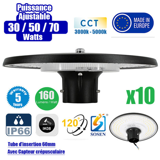 Pack de 10x Lampes de jardin et parking filaires - Série GARDIENNA - CCT - Puissance Ajustable 30 / 50 / 70 Watts - Jusqu'à 10 800 Lumens - IP66 - IK08 - Angle 120° - Tube d'insertion 60mm - Avec CAPTEUR CREPUSCULAIRE - Couleur NOIR - Garantie 5 ans