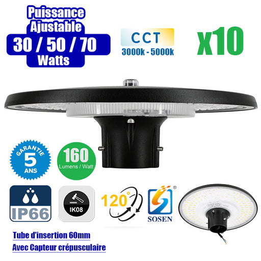 Pack de 10x Lampes de jardin et parking filaires - Série GARDIENNA - CCT - Puissance Ajustable 30 / 50 / 70 Watts - Jusqu'à 10 800 Lumens - IP66 - IK08 - Angle 120° - Tube d'insertion 60mm - Avec CAPTEUR CREPUSCULAIRE - Couleur NOIR - Garantie 5 ans