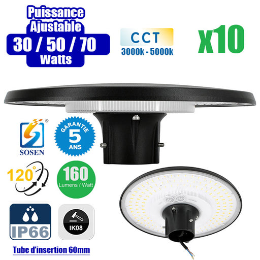 Pack de 10x Lampes de jardin et parking filaires - Série GARDIENNA - CCT (Couleur Changeante en Température) - Puissance Ajustable 30 / 50 / 70 Watts - Jusqu'à 10 800 Lumens - IP66 - Angle 120° - Tube d'insertion 60mm - Couleur NOIR - Garantie 5 ans