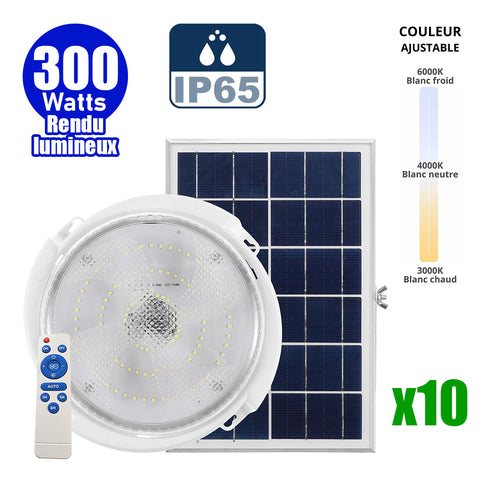 Pack de 10x Plafonniers LED Solaires CCT (Couleur Changeante en Température ) - Rendu lumineux 300 Watts - 1600 Lumens - Série HOME 300 – Lampe diamètre 36 cm - Panneau solaire 58 x 35 x 2cm - IP65 - Avec télécommande multifonctions