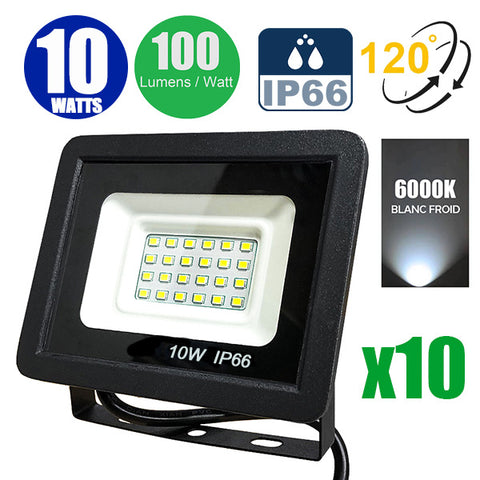 Pack de 10x Projecteurs LED filaires - Série PAD - 10 Watts - 1000 Lumens - 100 Lumens/Watt - Angle 120° - IP66 - 10 x 7 x 3 cm - Modèle noir - 6000k