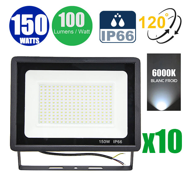 Pack 10x Projecteurs LED filaires - 150 Watts - 15 000 Lumens - 100 Lumens/Watt - Angle 120° - IP66 - 300 x 200 x 30 mm - Modèle Noir - 6000k
