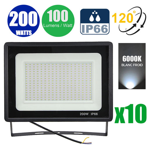 Pack de 10x Projecteurs LED filaires - 200 Watts - 20 000 Lumens - 100 Lumens/Watt - Angle 120° - IP66 - 340 x 245 x 35 mm - Modèle Noir - 6000k