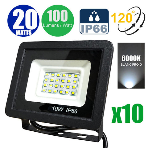 Pack de 10x Projecteurs LED filaires - Série PAD - 20 Watts - 2000 Lumens - 100 Lumens/Watt - Angle 120° - IP66 - 13 x 8 x 3 cm - Modèle noir - 6000k