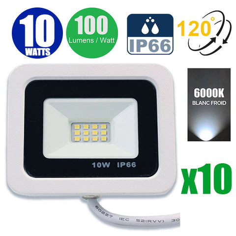 Pack de 10x Projecteurs LED filaires - Série PAD - 10 Watts - 1000 Lumens - 100 Lumens/Watt - Angle 120° - IP66 - 10 x 7 x 3 cm - Modèle blanc - 6000k
