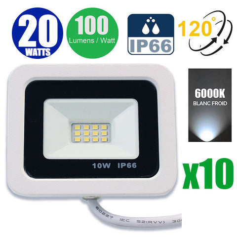 Pack de 10x Projecteurs LED filaires - Série PAD - 20 Watts - 2000 Lumens - 100 Lumens/Watt - Angle 120° - IP66 - 13 x 8 x 3 cm - Modèle blanc - 6000k