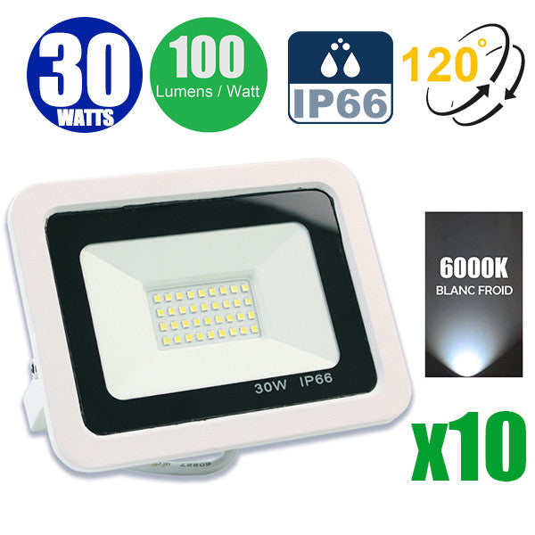 Pack de 10x Projecteurs LED filaires - Série PAD - 30 Watts - 3000 Lumens - 100 Lumens/Watt - Angle 120° - IP66 - 15 x 10 x 3 cm - Modèle blanc - 6000k