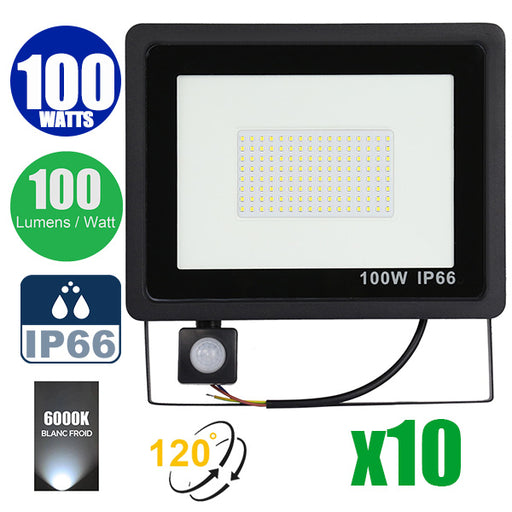 Pack de 10x Projecteurs LED filaires - Série PAD PIR - 100 Watts - 10 000 Lumens - 100 Lumens/Watt - Angle 120° - IP66 - 24 x 16 x 3 cm - 6000k - Avec détecteur de mouvement Infrarouge