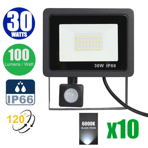 Pack de 10x Projecteurs LED filaires - Série PAD PIR - 30 Watts - 3000 Lumens - 100 Lumens/Watt - Angle 120° - IP66 - 15 x 10 x 3 cm - 6000k - Avec détecteur de mouvement Infrarouge - Câble 30cm