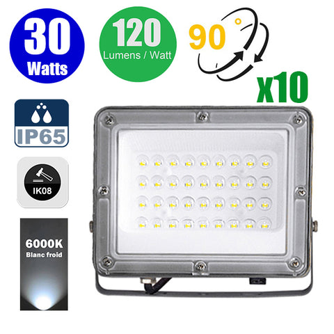 Pack de 10x Projecteurs LED filaires - Série PERLE V2 - 30 Watts - 3600 Lumens - 120 Lumens/Watt - Angle 90° - IP65 - 6000K - 150 x 123 x 25 mm