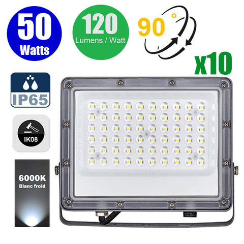 Pack de 10x Projecteurs LED filaires - Série PERLE V2 - 50 Watts - 6000 Lumens - 120 Lumens/Watt - Angle 90° - IP65 - 6000K - 228 x 180 x 25 mm