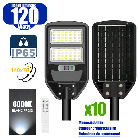 Pack de 10x Solaires - Luminaire LED pour Candélabre / Lampe de rue et parking - Série VIEW V2 - 120 Watts - 1200 Lumens - Angle 140*70° - Lampe 41 x 23 x 5 cm - Panneau MONOCRISTALLIN - 30 x 21 cm - Détecteur de mouvement - 6000k - Tube d'insertion 45mm