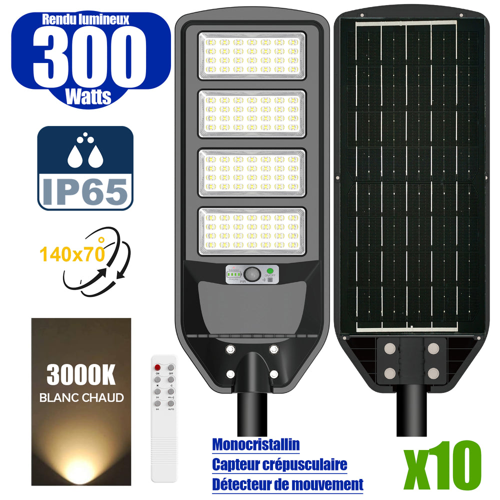 Pack de 10x Solaires - Luminaire LED pour Candélabre / Lampe de rue et parking - Série VIEW V2 - 300 Watts - 2300 Lumens - Angle 140*70° - Lampe 62 x 25 x 5 cm - Panneau MONOCRISTALLIN - 51 x 23 cm - Détecteur de mouvement - 3000k - Tube d'insertion 45mm