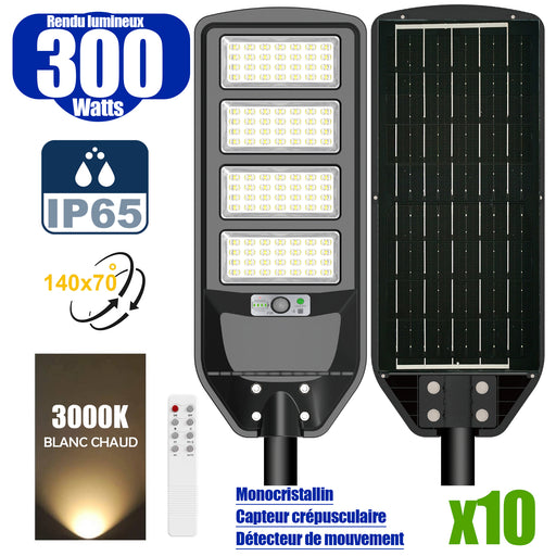 Pack de 10x Solaires - Luminaire LED pour Candélabre / Lampe de rue et parking - Série VIEW V2 - 300 Watts - 2300 Lumens - Angle 140*70° - Lampe 62 x 25 x 5 cm - Panneau MONOCRISTALLIN - 51 x 23 cm - Détecteur de mouvement - 3000k - Tube d'insertion 45mm
