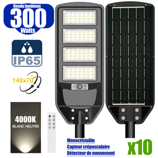 Pack de 10x Solaires - Luminaire LED pour Candélabre / Lampe de rue et parking - Série VIEW V2 - 300 Watts - 2300 Lumens - Angle 140*70° - Lampe 62 x 25 x 5 cm - Panneau MONOCRISTALLIN - 51 x 23 cm - Détecteur de mouvement - 4000k - Tube d'insertion 45mm