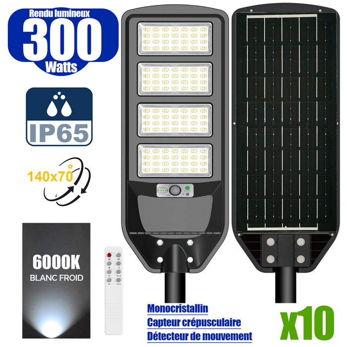 Pack de 10x Solaires - Luminaire LED pour Candélabre / Lampe de rue et parking - Série VIEW V2 - 300 Watts - 2300 Lumens - Angle 140*70° - Lampe 62 x 25 x 5 cm - Panneau MONOCRISTALLIN - 51 x 23 cm - Détecteur de mouvement - 6000k - Tube d'insertion 45mm