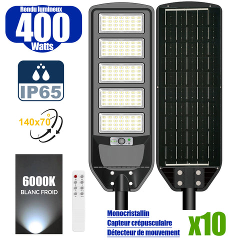 Pack de 10x Solaires - Luminaire LED pour Candélabre / Lampe de rue et parking - Série VIEW V2 - 400 Watts - 2700 Lumens - Angle 140*70° - Lampe 72 x 25 x 5 cm - Panneau MONOCRISTALLIN - 61 x 23 cm - Détecteur de mouvement - 6000k - Tube d'insertion 45mm
