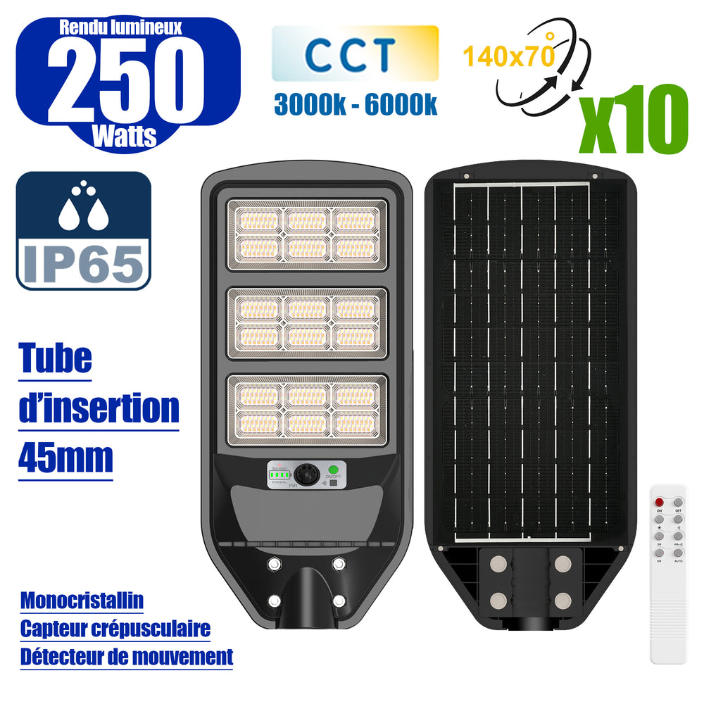 Pack de 10x Luminaires Solaires LED pour Candélabre / Lampe de rue et parking - Série VIEW V3 CCT - 250 Watts - 2100 Lumens - Angle 140*70° - IP65 - Lampe 62 x 25 x 5 cm - Panneau MONOCRISTALLIN 51 x 23 cm - Détecteur de mouvement