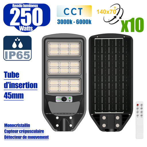 Pack de 10x Luminaires Solaires LED pour Candélabre / Lampe de rue et parking - Série VIEW V3 CCT - 250 Watts - 2100 Lumens - Angle 140*70° - IP65 - Lampe 62 x 25 x 5 cm - Panneau MONOCRISTALLIN 51 x 23 cm - Détecteur de mouvement