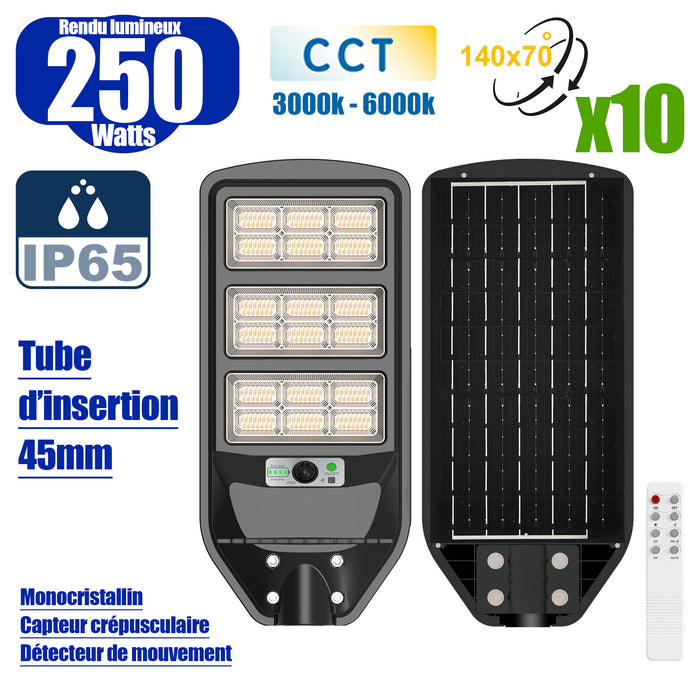 Pack de 10x Luminaires Solaires LED pour Candélabre / Lampe de rue et parking - Série VIEW V3 CCT - 250 Watts - 2100 Lumens - Angle 140*70° - IP65 - Lampe 62 x 25 x 5 cm - Panneau MONOCRISTALLIN 51 x 23 cm - Détecteur de mouvement