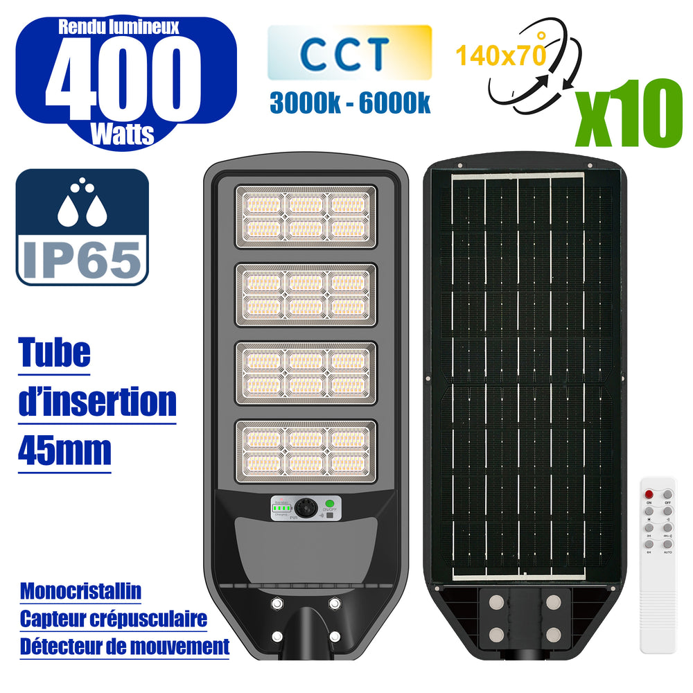 Pack de 10x Luminaires Solaires LED pour Candélabre / Lampe de rue et parking - Série VIEW V3 CCT - 400 Watts - 2700 Lumens - Angle 140*70° - IP65 - Lampe 72 x 25 x 5 cm - Panneau MONOCRISTALLIN 61 x 23 cm - Détecteur de mouvement