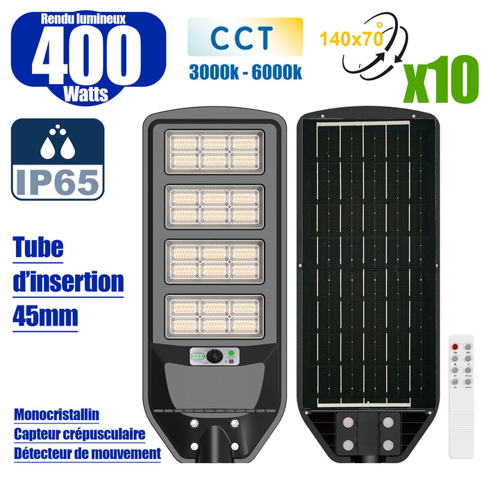 Pack de 10x Luminaires Solaires LED pour Candélabre / Lampe de rue et parking - Série VIEW V3 CCT - 400 Watts - 2700 Lumens - Angle 140*70° - IP65 - Lampe 72 x 25 x 5 cm - Panneau MONOCRISTALLIN 61 x 23 cm - Détecteur de mouvement